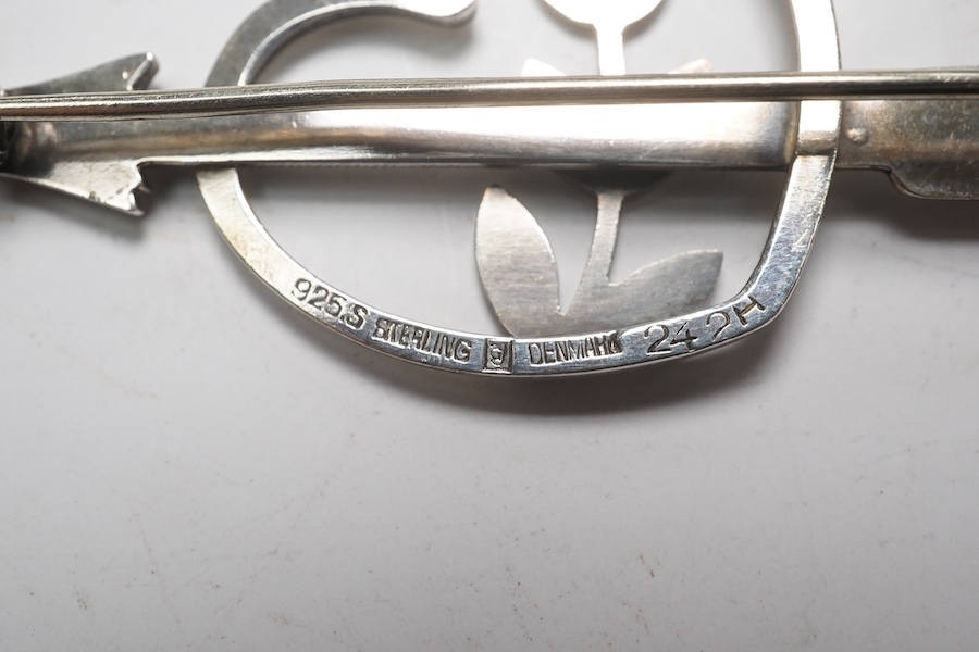 A Georg Jensen sterling heart, arrow and frond brooch, design no. 242H, 52mm. Condition - fair to good